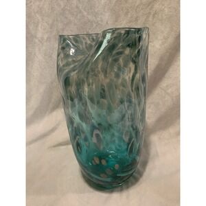 Art Glass SAGEBROOK TEAL GOLD LUTZ BLUe GRAY WHITE MARBLE VASE Art Deco